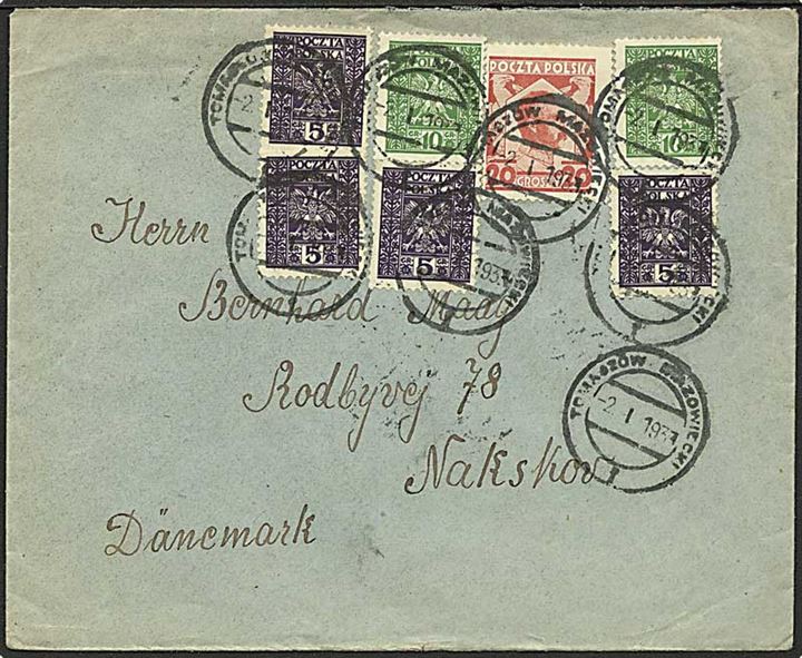 60 gr. blandingsfrankeret brev fra Tomaszow d. 2.1.1933 til Nakskov, Danmark.