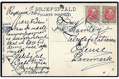 4 aur Chr. IX i parstykke på brevkort (Seljalandsfoss) fra Reykjavik d. 12.12.1906 via Kjøbenhavn d. 21.12.1906 til Odense.