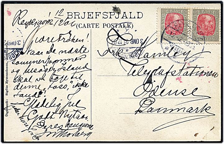 4 aur Chr. IX i parstykke på brevkort (Seljalandsfoss) fra Reykjavik d. 12.12.1906 via Kjøbenhavn d. 21.12.1906 til Odense.