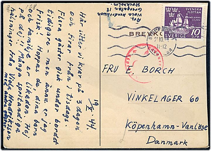 10 öre Svenska Flottan på brevkort fra Stockholm d. 21.10.1944 til København, Danmark. Tysk Sønderborg-censur med spor efter kemisk kontrol.
