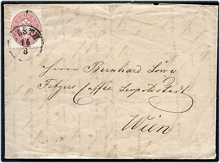 Østrig 5 kr. single på brev fra Pesth i Ungarn d. 16.8.1866 til Wien. 