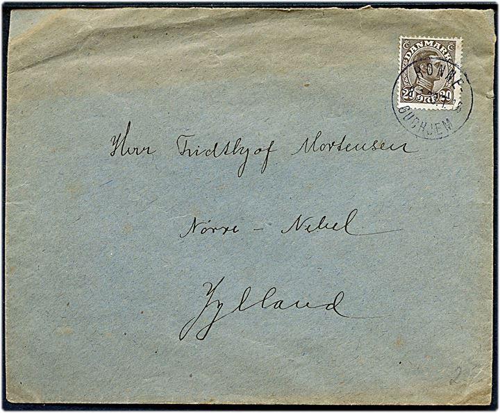 20 øre Chr. X på brev annulleret med bureaustempel Rønne - Gudhjem T.16 d. 8.6.1923 til Nørre Nebel.