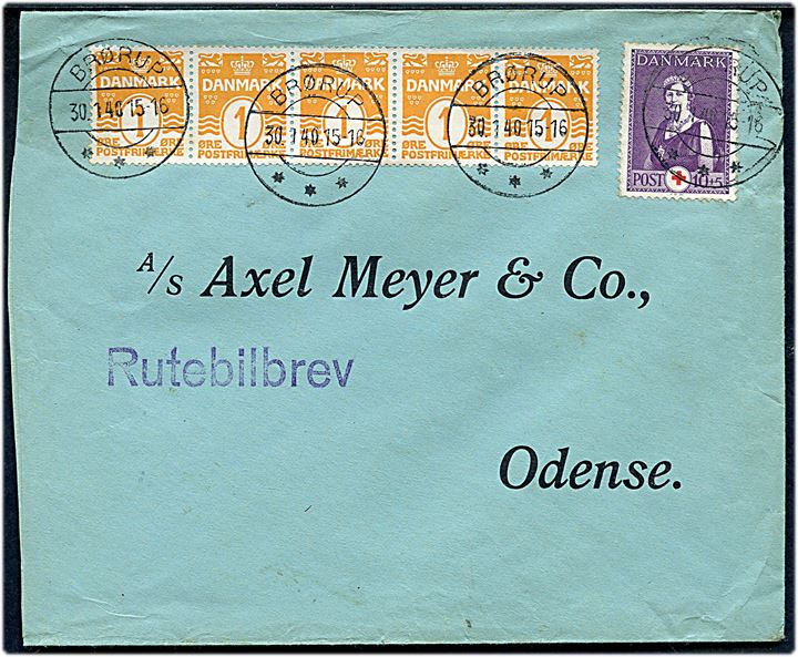 1 øre Bølgelinie (5-stribe) og 10+5 øre Røde Kors på brev annulleret Brørup d. 30.1.1940 og sidestemplet Rutebilbrev til Odense. 
