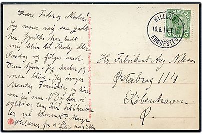 5 øre Chr. X på brevkort annulleret med bureaustempel Hillerød - Hundested T.11 d. 10.8.1918 til København.