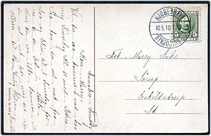 5 øre Fr. VIII på brevkort fra Gunslev annulleret med bureaustempel Kjøbenhavn - Nykjøbing F. T.75 d. 10.5.1910 til Eskildstrup.