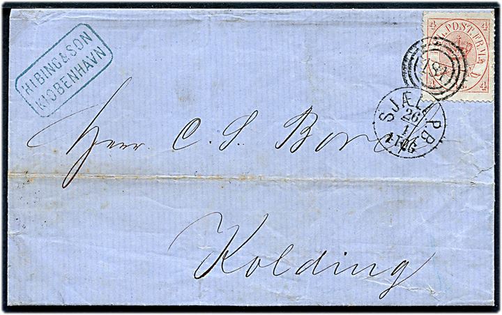 4 sk. Krone/Scepter på brev fra København annulleret med kombineret nr.stempel 181/Sjæll.P.B. d. 26.1.1866 til Kolding.