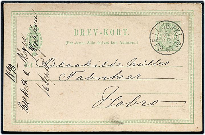 5 øre Våben helsagsbrevkort fra Kjøbenhavn annulleret med lapidar bureaustempel Sjæll.JB.PKT. d. 16.9.1893 til Hobro.