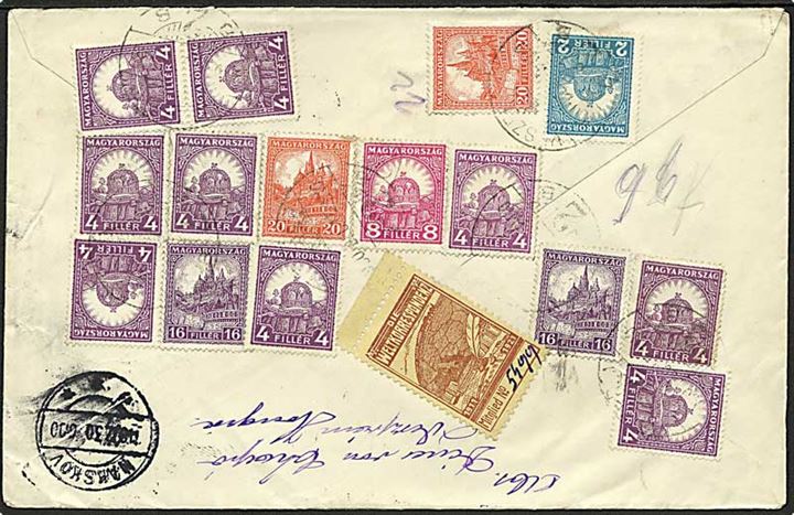 100 filler blandingsfrankeret anbefalet brev fra Veszprem 1930 til Nakskov, Danmark.