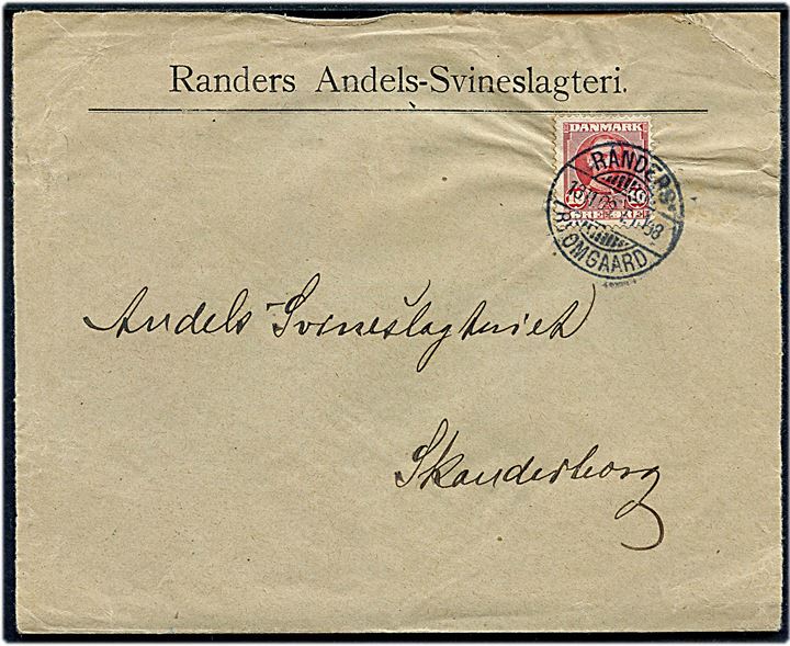 10 øre Fr. VIII på brev fra Randers annulleret med bureaustempel Randers - Ryomgaard T.1098 d. 13.10.1909 til Skanderborg.