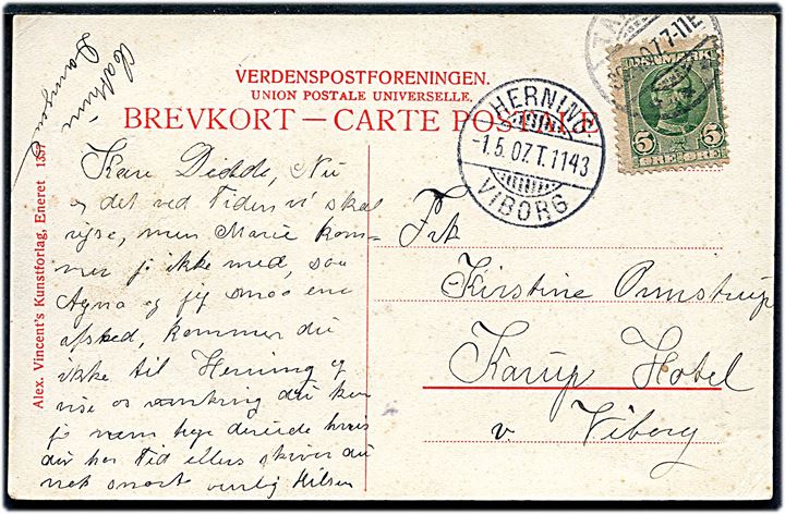 5 øre Fr. VIII på brevkort annulleret Ta(rm?) d. 30.4.1907 til Karup Hotel via Viborg. Transit stemplet med bureaustempel Herning - Viborg T.1143 d. 1.5.1907.