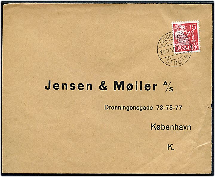 15 øre Karavel på brev annulleret med bureaustempel Fredericia - Struer T.367 d. 20.11.1939 til København.