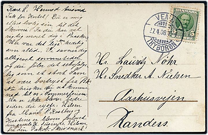 5 øre Fr. VIII på brevkort annulleret med bureaustempel Vemb - Thyborøn T.1 d. 27.4.1908 til Randers.