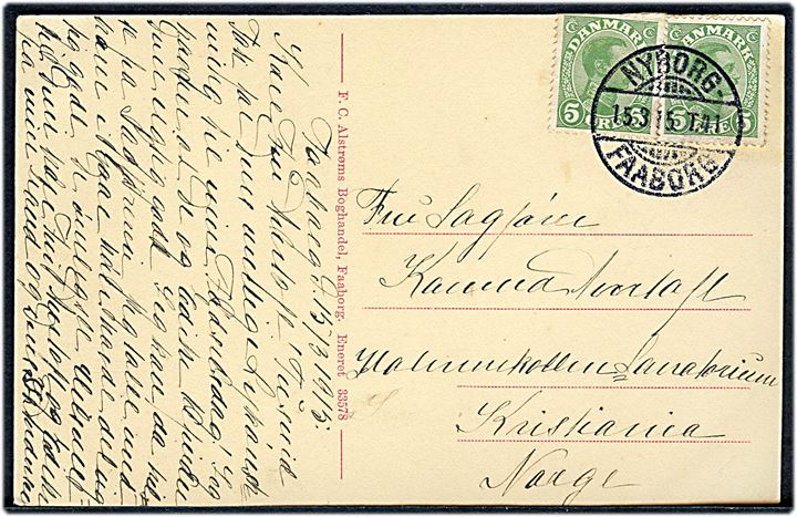 5 øre Chr. X (2) på brevkort (Parti fra Dyreborg ved Faaborg) annulleret med bureaustempel Nyborg - Faaborg T.41 d. 15.3.1915 til Kristiania, Norge. Frimærke yderligt placeret.