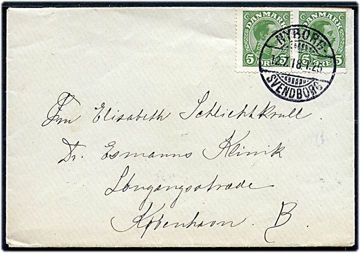 5 øre Chr. X i parstykke på brev annulleret med bureaustempel Nyborg - Svendborg T.25 d. 12.7.1918 til København.