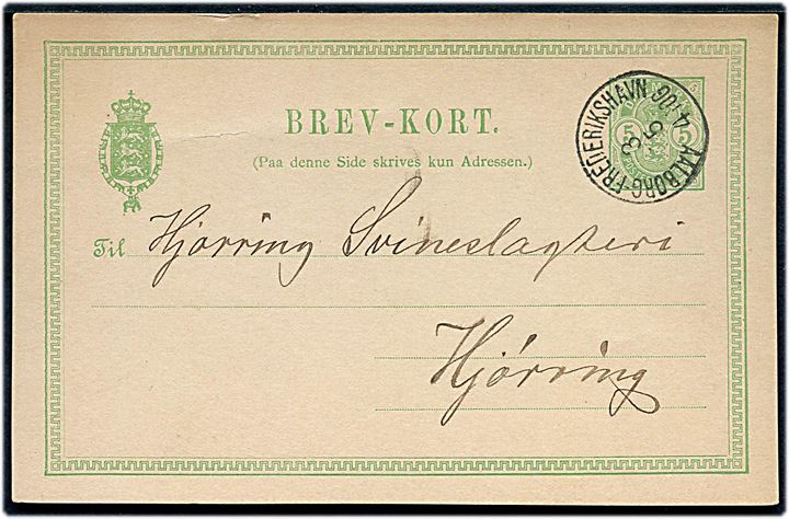 5 øre Våben helsagsbrevkort fra Bjørnager annulleret med lapidar bureaustempel Aalborg - Frederikshavn d. 3.5.1891 til Hjørring.