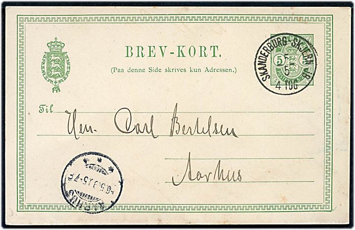 5 øre Våben helsagsbrevkort fra Skjern annulleret med lapidar bureaustempel Skanderborg - Skjern JB d. 5.5.1899 til Aarhus.