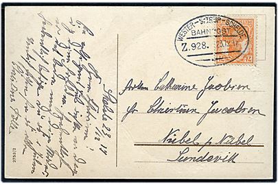 7½ pfg. Germania på julekort fra Skelde annulleret med bureaustempel Wester-Satrup - Schelde Bahnpost Zug 928 d. 23.12.1917 til Nybøl.