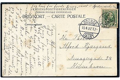 5 øre Chr. IX på brevkort (Langgade Kerteminde) annulleret med stjernestempel DALBY og sidestemplet bureau Odense - Dalby T.7 d. 15.4.1907 til København.