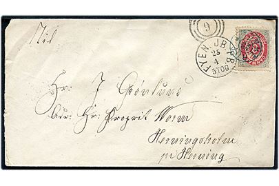 8 øre Tofarvet (defekt) på brev annulleret med blåt stjernestempel TOMMERUP og sidestemplet med kombineret nr.-stempel 9/Fyen. JB. PB. d. 25.4. (ca. 1876-7) via Skanderborg og Silkeborg til Herning. 