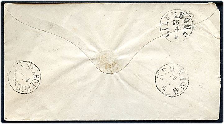 8 øre Tofarvet (defekt) på brev annulleret med blåt stjernestempel TOMMERUP og sidestemplet med kombineret nr.-stempel 9/Fyen. JB. PB. d. 25.4. (ca. 1876-7) via Skanderborg og Silkeborg til Herning. 