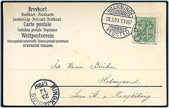 5 øre Våben på brevkort annulleret med stjernestempel VEDSTED og sidestemplet bureau Bramminge - Vedsted T.1057 d. 23.12.1904 til Lem St. pr. Ringkjøbing.