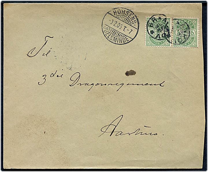 5 øre Våben (2) på brev annulleret med stjernestempel BRAASKOV og sidestemplet bureau Horsens - Juelsminde T.7 d. 9.12.1905 til Aarhus.