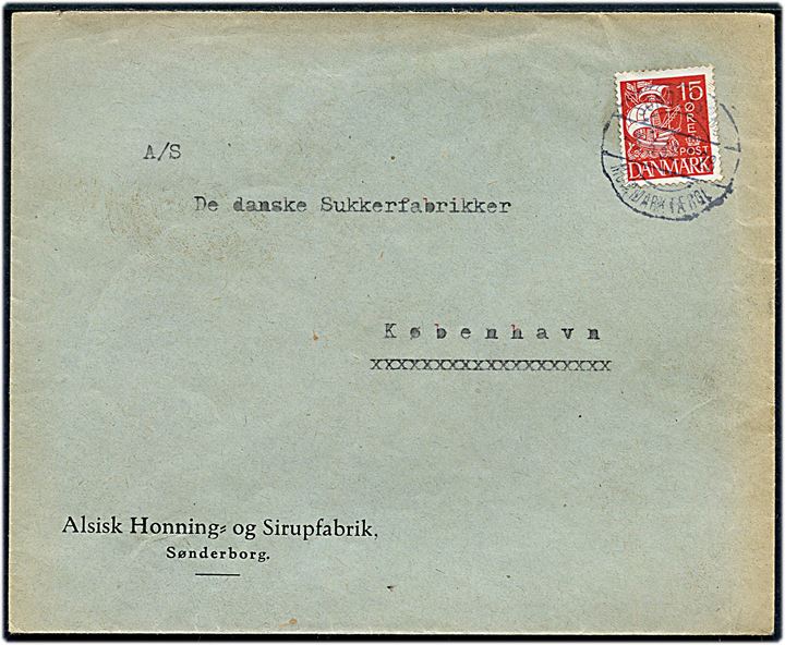 15 øre Karavel på brev fra Sønderborg annulleret med bureaustempel Sønderborg - Mommark Færge T.28 d. 3.3.1932 til København.