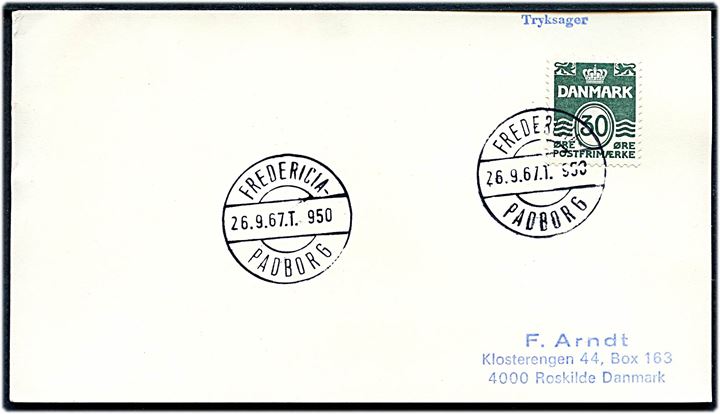 30 øre Bølgelinie på filatelistisk tryksag annulleret med bureaustempel Fredericia - Padborg T.950 d. 26.9.1967 til Roskilde.