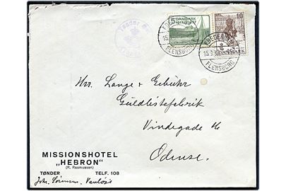 5 øre og 10 øre Regentjubilæum på brev fra Missionshotel Hebron annulleret med bureaustempel Fredericia - Flensburg T.907 d. 15.9.1937 og sidestemplet med posthornstempel Tønder Øst (Tønder) til Odense.