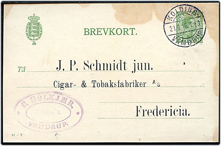5 øre Chr. X helsagsbrevkort (fabr. 41-V) udelt forside fra Vamdrup annulleret med sjældent bureaustempel Kolding - Vamdrup T.13 d. 21.9.1918 til Fredericia. Skjold.