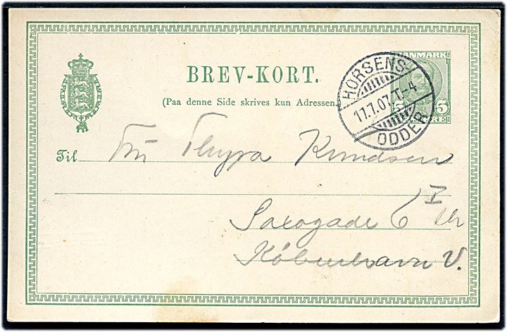 5 øre Fr. VIII helsagsbrevkort fra Odder annulleret med bureaustempel Horsens - Odder T.4 d. 11.7.1907 til København.