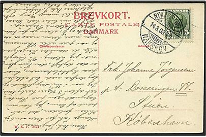 5 øre Fr. VIII på brevkort fra Nakskov annulleret med bureaustempel Nykjøbing F. - Nakskov T.8 d. 14.8.1908 til København.