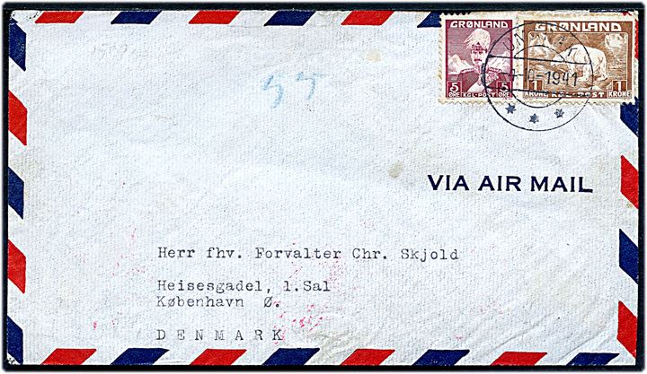 5 øre Chr. X og 1 kr. Isbjørn på luftpostbrev fra udstedsbestyrer Skjold i Igdlorssuit stemplet Umanak d. 4.10.1941 til København, Danmark. Åbnet af tysk censur i Berlin.