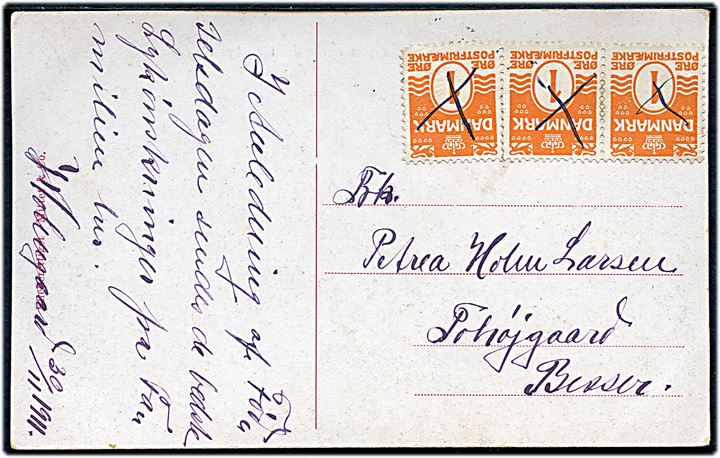 1 øre Bølgelinie (3) på lokalt brevkort på Samsø dateret Holmegaard d. 30.11.1911 annulleret med blækkryds til Tohøjgaard pr. Besser på Samsø.