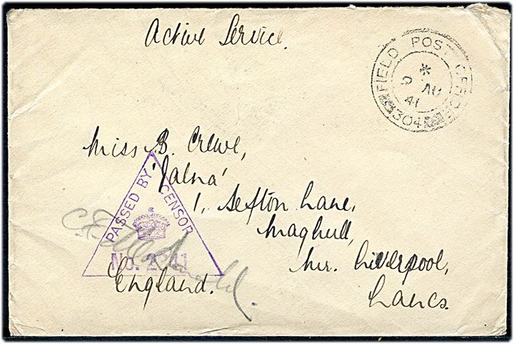 Ufrankeret OAS feltpostbrev stemplet Field Post Office 304 (= Akureyri) d. 9.8.1941 til England. Violet yúnit censor: PASSED BY CENSOR No. 2341