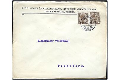 20 øre Chr. X (2) på brev fra Tønder annulleret med bureaustempel Bramminge - Tønder sn4 T.1083 d. 31.10.1922 til Flensburg, Tyskland.