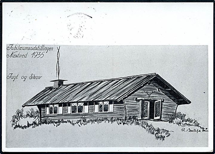 Næstved. Jubilæumsudstillingen i Næstved 1935. Jagt og Skov hytten. Stenders no. 203.