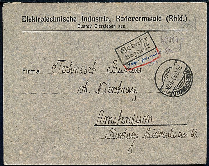Ufrankeret Infla brev med Rammestempel Gebühr bezahlt og påskrevet 60.000 mk. fra Radevormwald d. 28.8.1923 til Amsterdam, Holland. Korrekt porto 24.-31.8.1923.