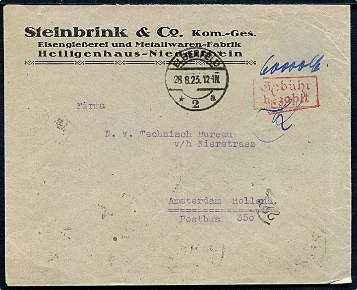Ufrankeret Infla brev med Rammestempel Gebühr bezahlt og påskrevet 60.000 mk. fra Elberfeld d. 28.8.1923 til Amsterdam, Holland. Korrekt porto 24.-31.8.1923.