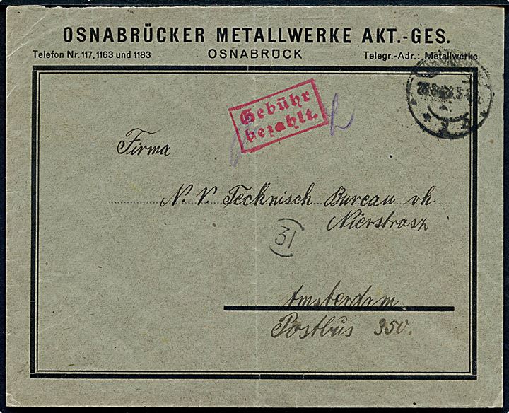 Ufrankeret brev med rammestempel Gebühr bezahlt fra Osnabrück d. 28.8.1923 til Amsterdam, Holland.