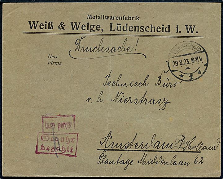Ufrankeret tryksag med rammestempel Gebühr bezahlt og taxe percue fra Lüdenscheid d. 29.8.1923 til Amsterdam, Holland.
