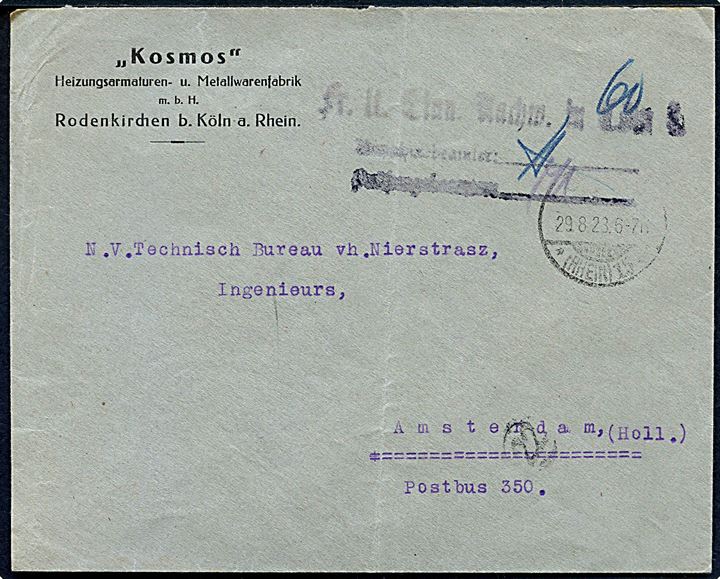 Ufrankeret infla brev med 60.000 mk. betalt kontant fra Rodenkirchen d. 29.8.1923 til Amsterdam, Holland.