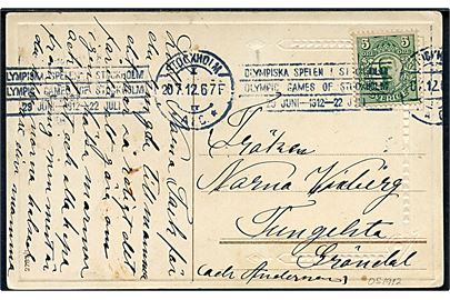 5 öre Gustaf på brevkort annulleret med 2-sproget Olympiade TMS i Stockholm d. 20.7.1920. 