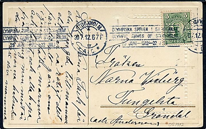 5 öre Gustaf på brevkort annulleret med 2-sproget Olympiade TMS i Stockholm d. 20.7.1920. 