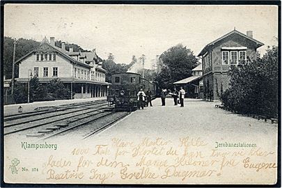 Klampenborg jernbanestation med holdende damptog. P. Alstrup no. 374.