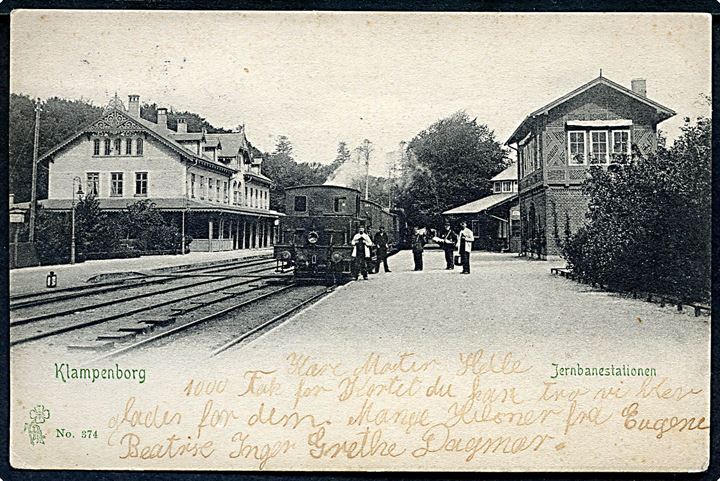 Klampenborg jernbanestation med holdende damptog. P. Alstrup no. 374.