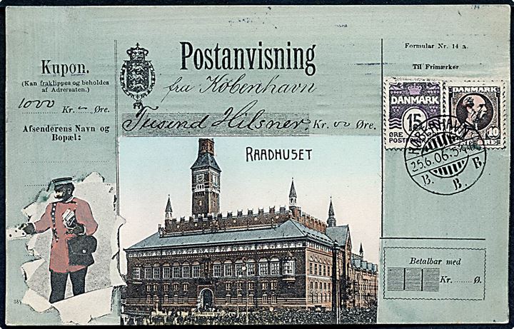 Købh., Postanvisning-hilsen med prospekt af Raadhuset. A. Vincent no. 4053.