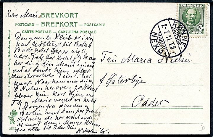Dueodde Fyr ved Balka Badehotel. P. Alstrup no. 3567. Frankeret med 5 øre Fr. VIII annulleret med bureaustempel Rønne - Nexø T.8 d. 2.7.1911 til Odder.