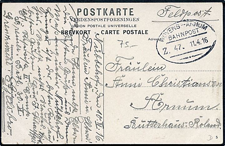 Grænsen ved Skodborg med danske og tyske grænsevagter. W. Schützsack u/no. Brugt som ufrankeret feltpost fra grænsevagt ved Gjelsbro med bureaustempel Woyens - Arnum Bahnpost Zug 47 d. 11.4.1916 til Arnum.