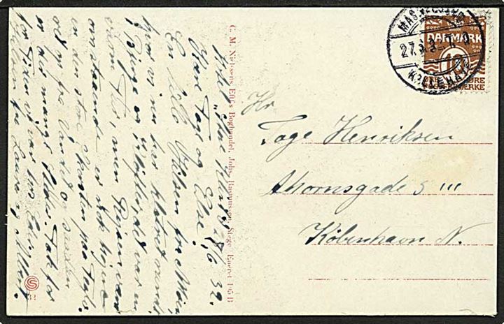 10 øre Bølgelinie på brevkort annulleret med bureaustempel Masnedsund - Kallehave T.9 d. 27.6.1932 til København.